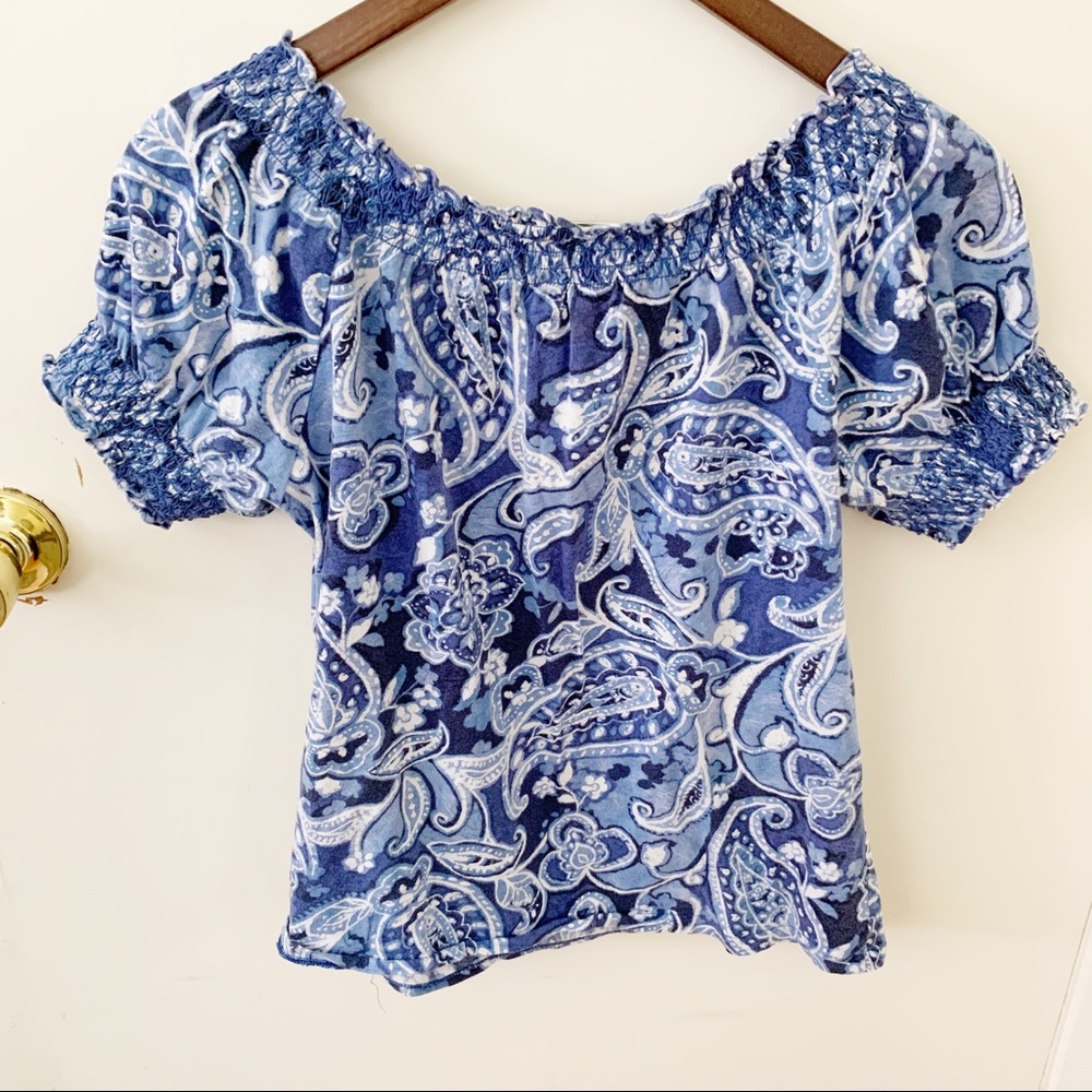 🎁 5/$25 Ralph Lauren petite paisley blue shirt top Medium